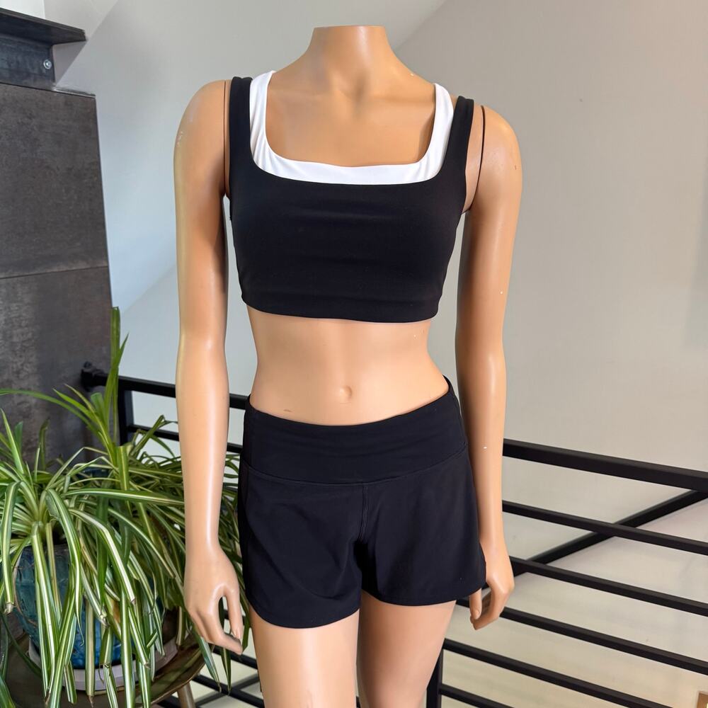 Athleta Ascent Layered T-Back Sports Bra Black White Crop Top Size S - Rare HTF